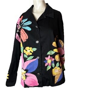 ELCC Black Cotton Spandex  Shirt/Jacket  Floral Sequins Stretch Size Large